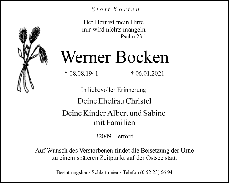  Traueranzeige für Werner Bocken vom 16.01.2021 aus Neue Westfälische