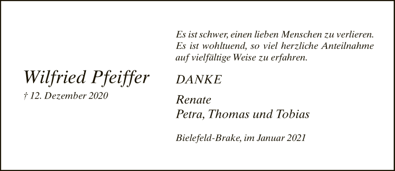  Traueranzeige für Wilfried Pfeiffer vom 23.01.2021 aus Neue Westfälische