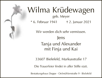 Traueranzeige von Wilma Krüdewagen von Neue Westfälische