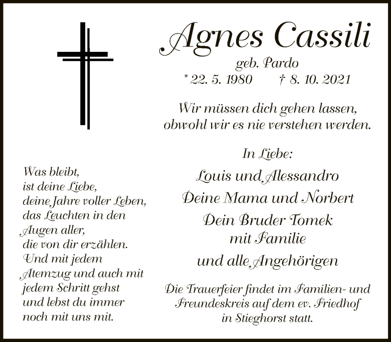  Traueranzeige für Agnes Cassili vom 16.10.2021 aus Neue Westfälische
