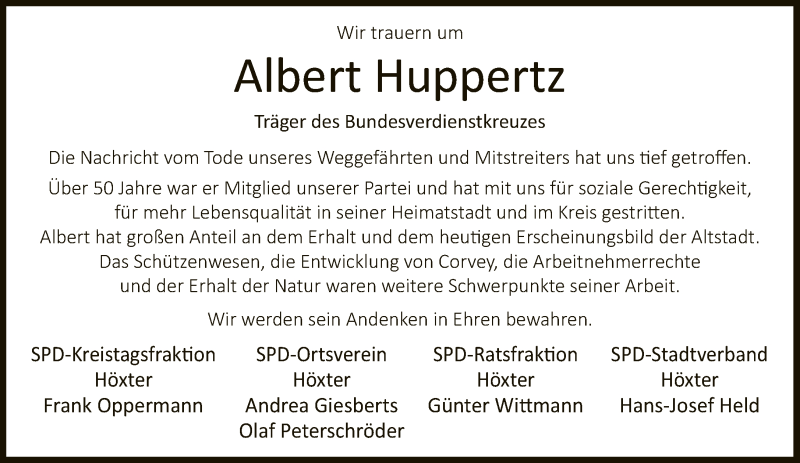  Traueranzeige für Albert Huppertz vom 16.10.2021 aus Neue Westfälische