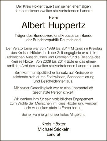 Traueranzeige von Albert Huppertz von Neue Westfälische