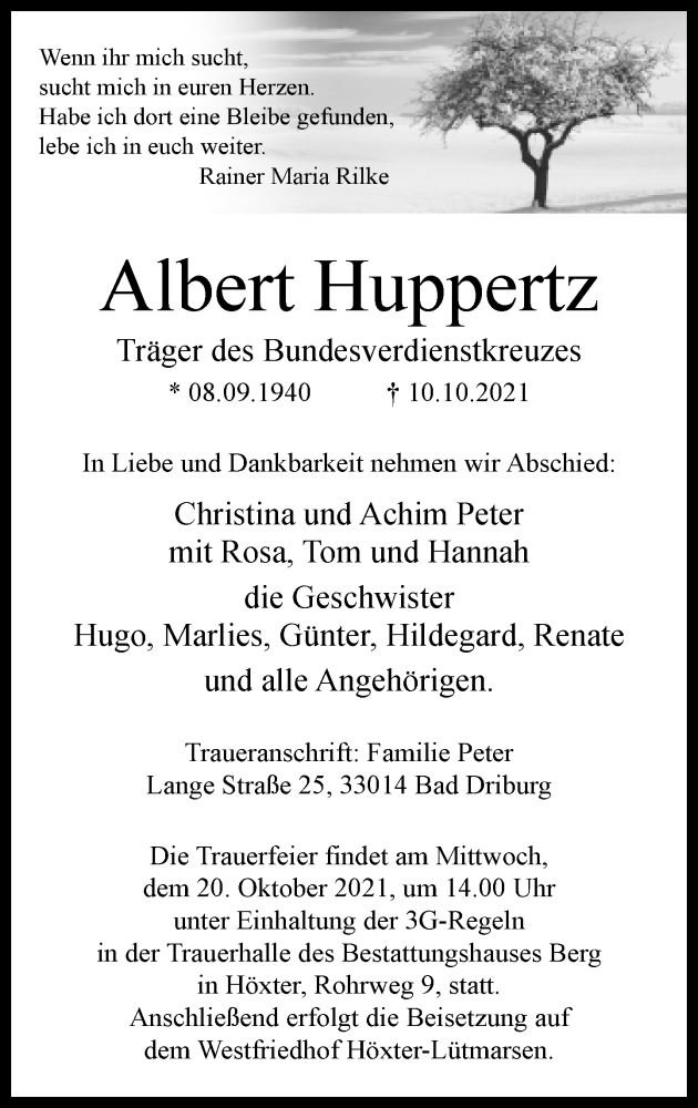  Traueranzeige für Albert Huppertz vom 16.10.2021 aus Neue Westfälische