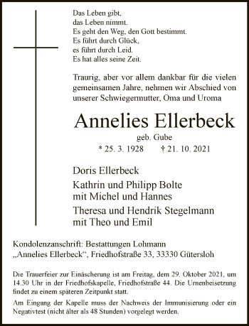 Traueranzeige von Annelies Ellerbeck von Neue Westfälische