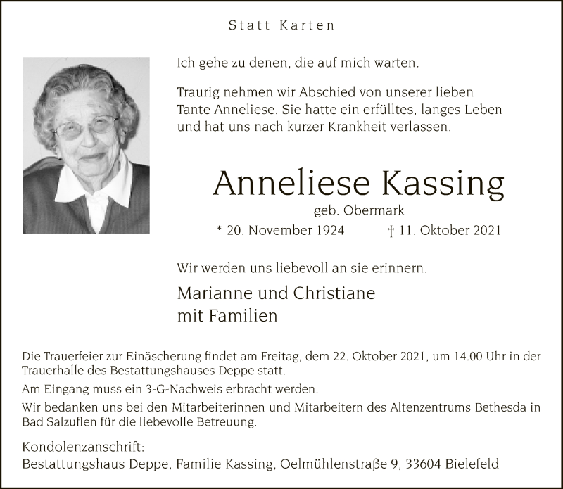  Traueranzeige für Anneliese Kassing vom 16.10.2021 aus Neue Westfälische