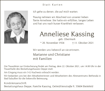 Traueranzeige von Anneliese Kassing von Neue Westfälische