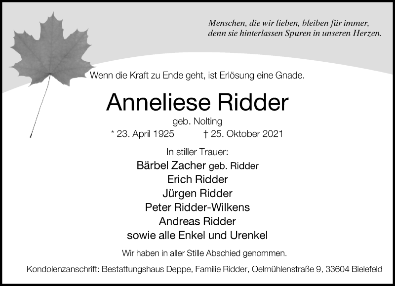  Traueranzeige für Anneliese Ridder vom 30.10.2021 aus Neue Westfälische