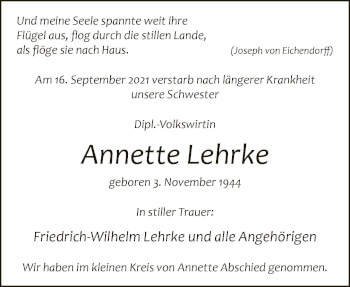 Traueranzeige von Annette Lehrke von Neue Westfälische