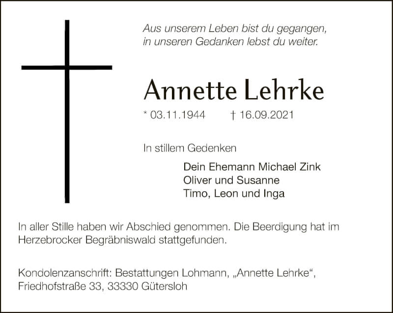  Traueranzeige für Annette Lehrke vom 02.10.2021 aus Neue Westfälische