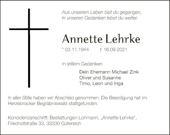 Traueranzeige von Annette Lehrke von Neue Westfälische