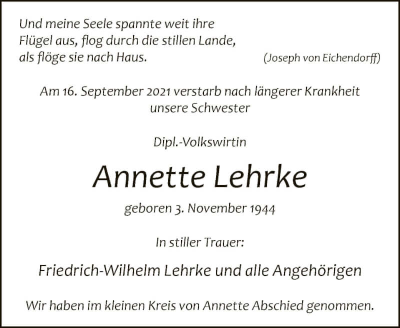  Traueranzeige für Annette Lehrke vom 02.10.2021 aus Neue Westfälische