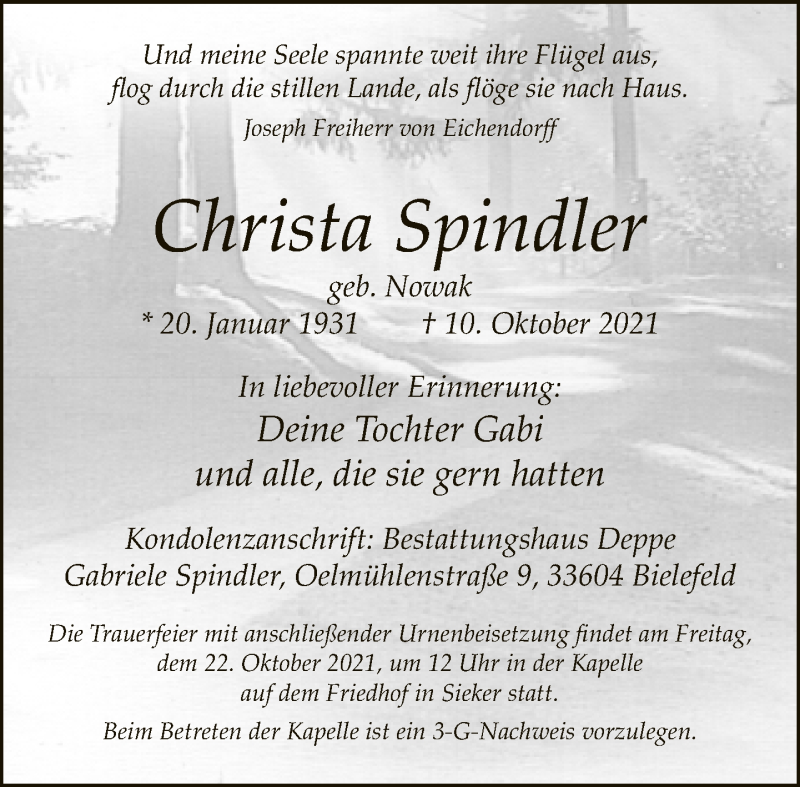  Traueranzeige für Christa Spindler vom 16.10.2021 aus Neue Westfälische