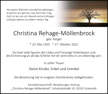 Traueranzeige von Christina Rehage-Möllenbrock von Neue Westfälische