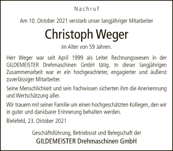 Traueranzeige von Christoph Weger von Neue Westfälische