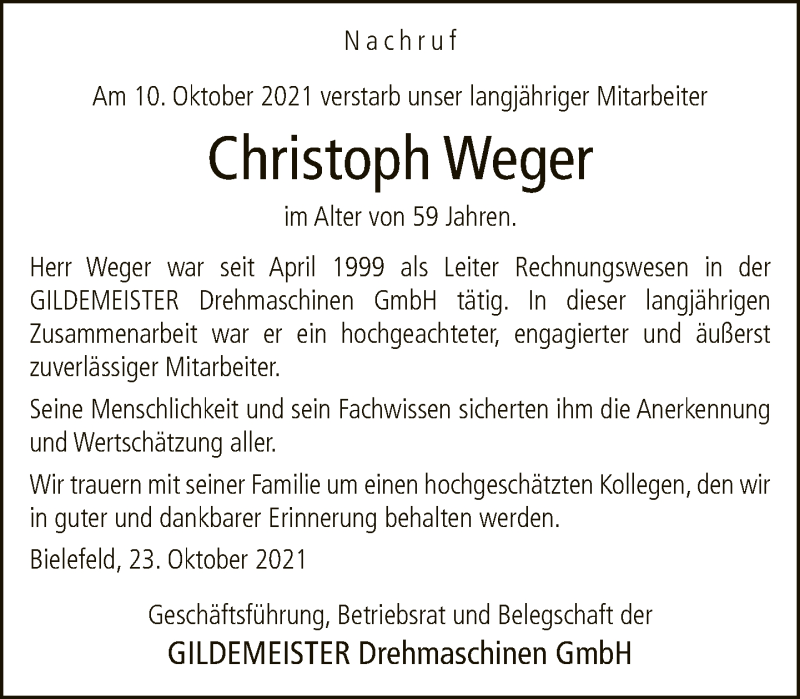  Traueranzeige für Christoph Weger vom 23.10.2021 aus Neue Westfälische