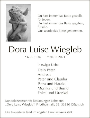 Traueranzeige von Dora Luise Wiegleb von Neue Westfälische