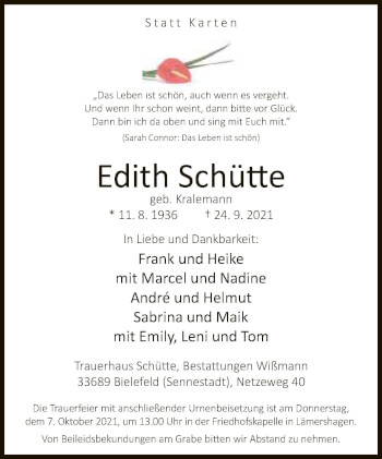 Traueranzeige von Edith Schütte von Neue Westfälische