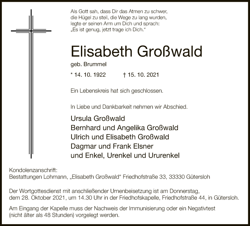  Traueranzeige für Elisabeth Großwald vom 23.10.2021 aus Neue Westfälische