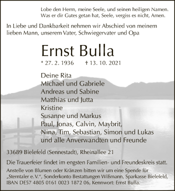 Traueranzeige von Ernst Bulla von Neue Westfälische