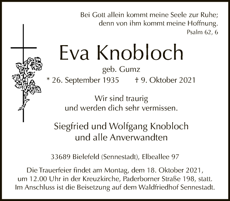  Traueranzeige für Eva Knobloch vom 16.10.2021 aus Neue Westfälische