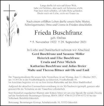 Traueranzeige von Frieda Buschfranz von Neue Westfälische