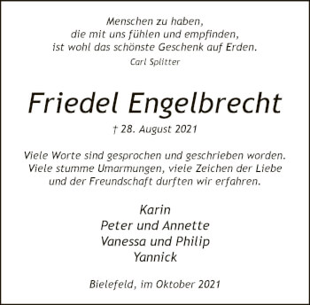Traueranzeige von Friedel Engelbrecht von Neue Westfälische