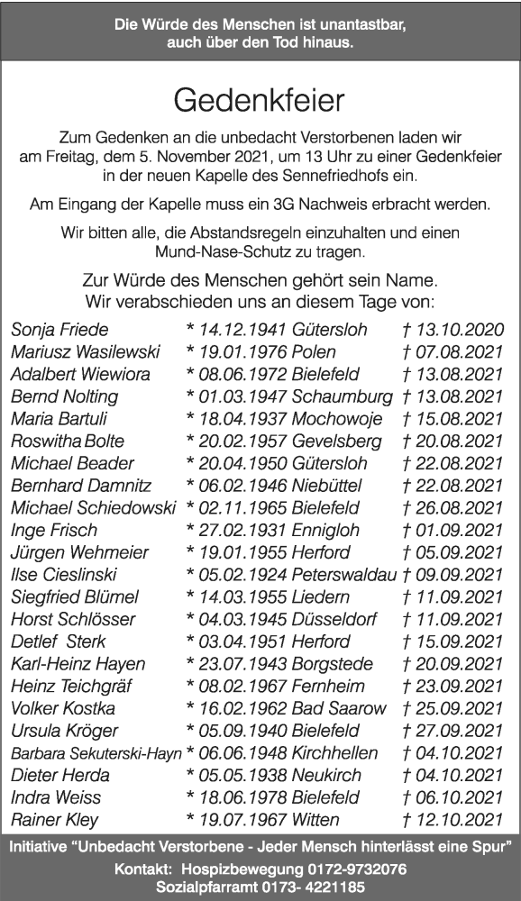  Traueranzeige für Gedenkfeier  vom 29.10.2021 aus Neue Westfälische