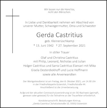Traueranzeige von Gerda Castritius von Neue Westfälische