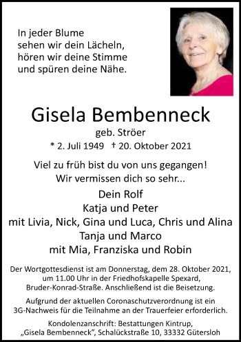 Traueranzeige von Gisela Bembenneck von Neue Westfälische