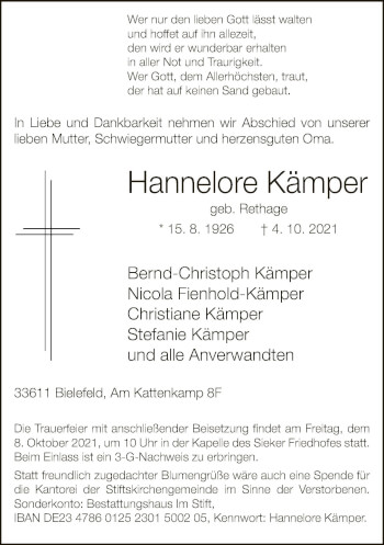 Traueranzeige von Hannelore Kämper von Neue Westfälische