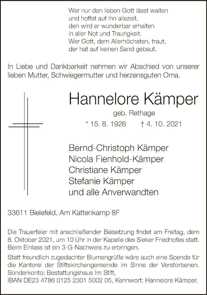  Traueranzeige für Hannelore Kämper vom 06.10.2021 aus Neue Westfälische