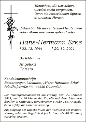 Traueranzeige von Hans-Hermann Erke von Neue Westfälische
