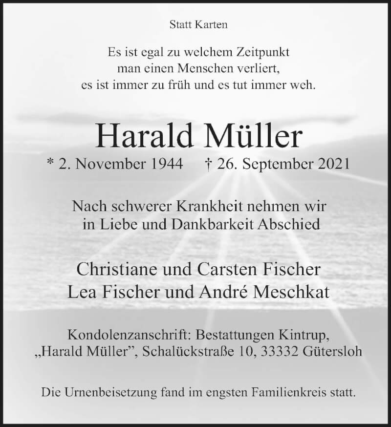  Traueranzeige für Harald Müller vom 02.10.2021 aus Neue Westfälische