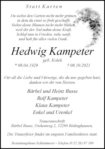 Traueranzeige von Hedwig Kampeter von Neue Westfälische