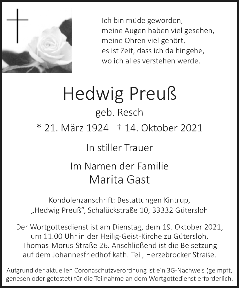  Traueranzeige für Hedwig Preuß vom 16.10.2021 aus Neue Westfälische