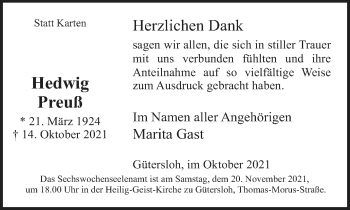 Traueranzeige von Hedwig Preuß von Neue Westfälische