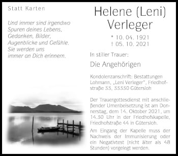 Traueranzeige von Helene Verleger von Neue Westfälische
