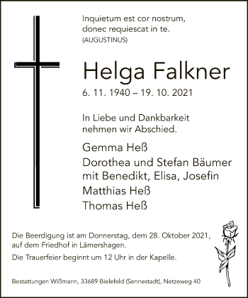 Traueranzeige von Helga Falkner von Neue Westfälische