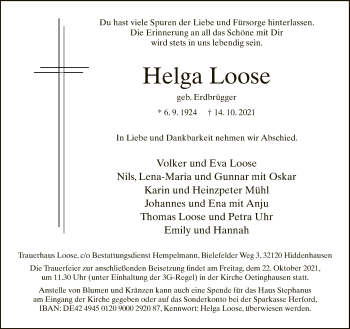 Traueranzeige von Helga Loose von Neue Westfälische