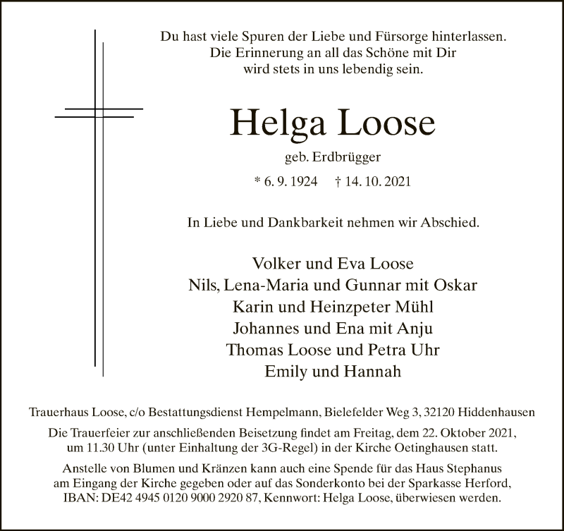  Traueranzeige für Helga Loose vom 16.10.2021 aus Neue Westfälische