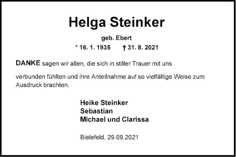  Traueranzeige für Helga Steinker vom 02.10.2021 aus Neue Westfälische