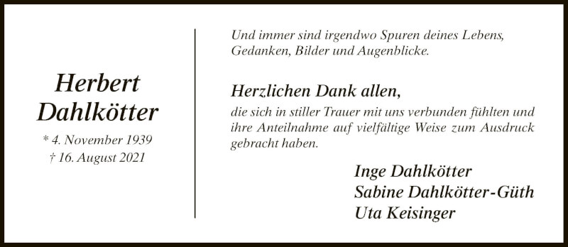 Traueranzeige für Herbert Dahlkötter vom 02.10.2021 aus Neue Westfälische
