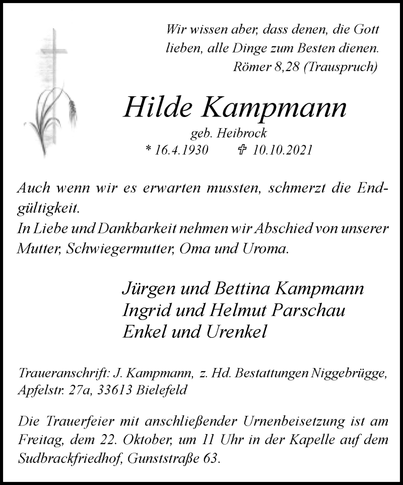  Traueranzeige für Hilde Kampmann vom 16.10.2021 aus Neue Westfälische