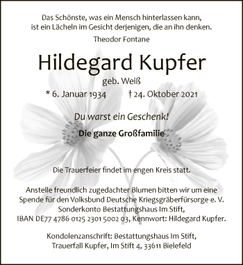 Traueranzeige von Hildegard Kupfer von Neue Westfälische
