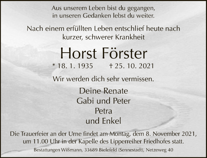  Traueranzeige für Horst Förster vom 30.10.2021 aus Neue Westfälische