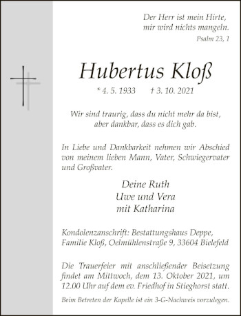 Traueranzeige von Hubertus Kloß von Neue Westfälische