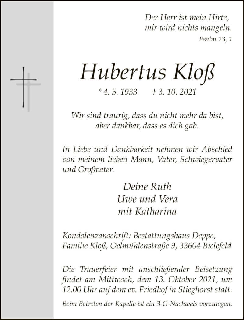  Traueranzeige für Hubertus Kloß vom 09.10.2021 aus Neue Westfälische