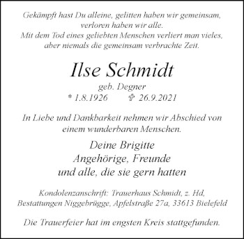 Traueranzeige von Ilse Schmidt von Neue Westfälische