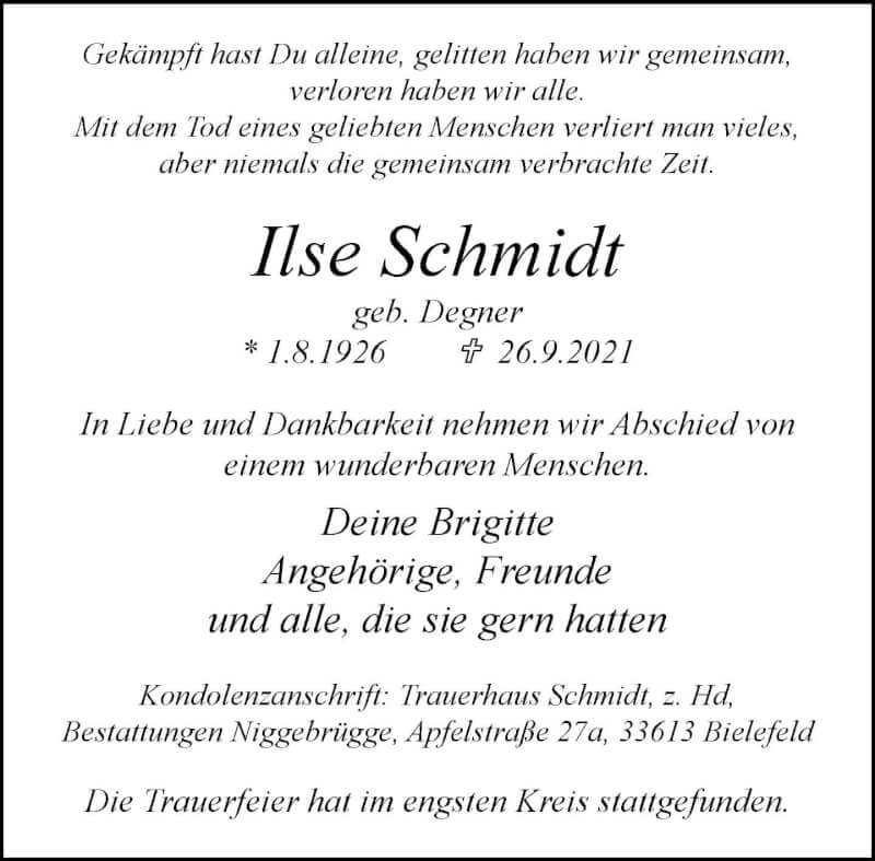  Traueranzeige für Ilse Schmidt vom 09.10.2021 aus Neue Westfälische