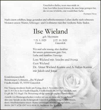 Traueranzeige von Ilse Wieland von Neue Westfälische